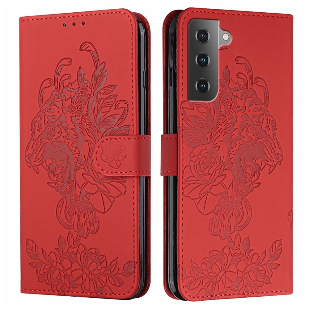 Tiger Pattern Imprinted PU Leather Wallet Flip Folio Stand Magnetic Protective Phone Case with Lanyard for Samsung Galaxy S22 - Red-1