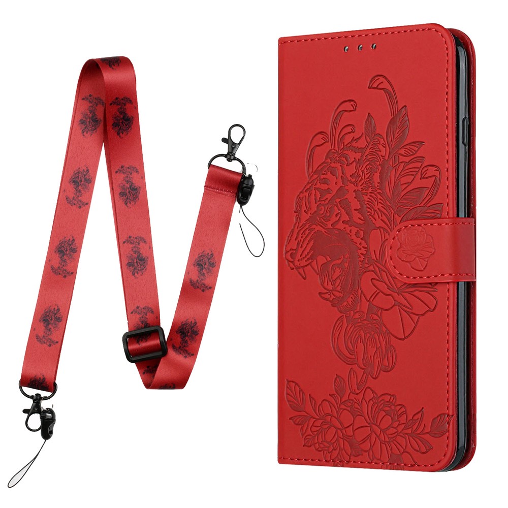 Tiger Pattern Imprinted PU Leather Wallet Flip Folio Stand Magnetic Protective Phone Case with Lanyard for Samsung Galaxy S22 - Red-2