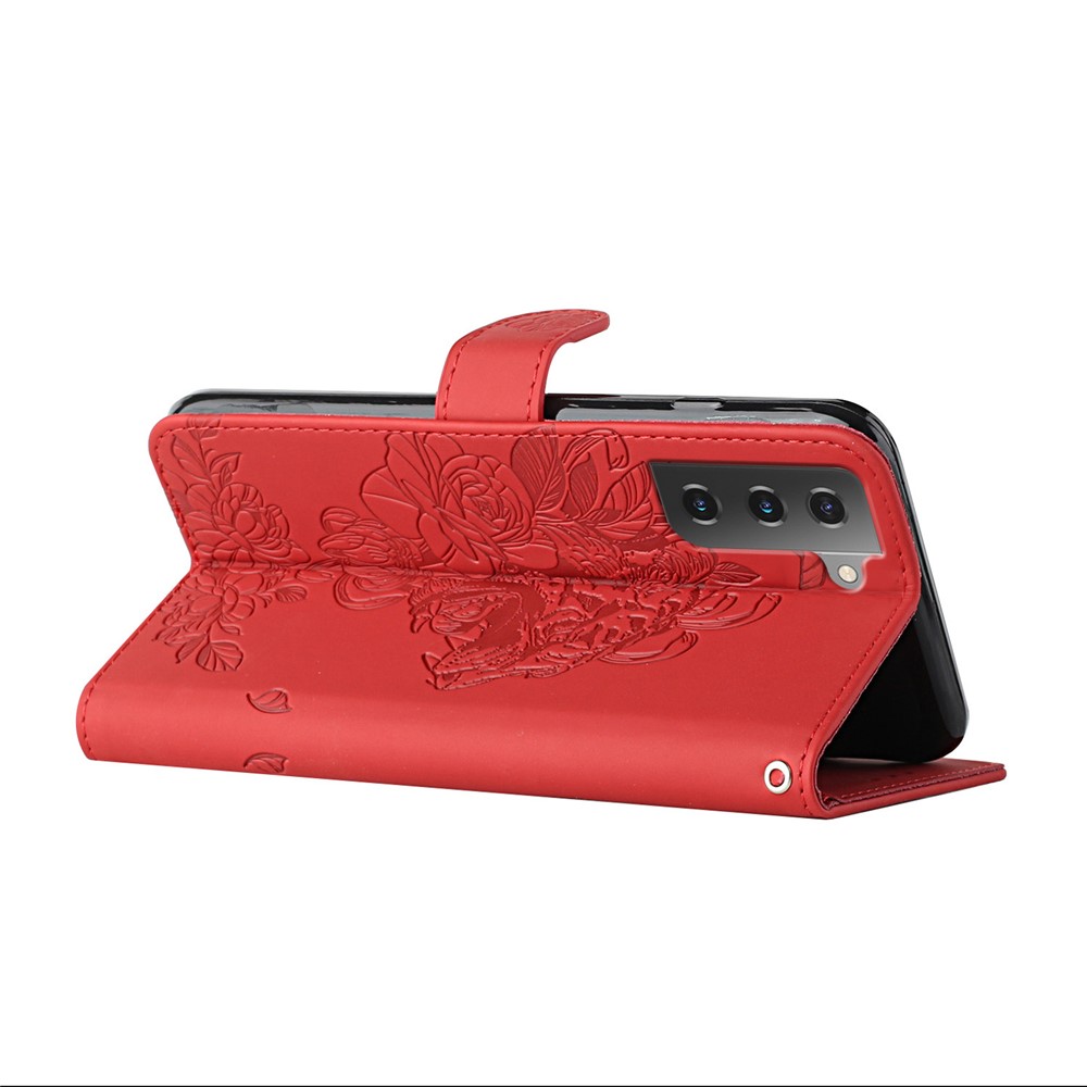 Tiger Pattern Imprinted PU Leather Wallet Flip Folio Stand Magnetic Protective Phone Case with Lanyard for Samsung Galaxy S22 - Red-4