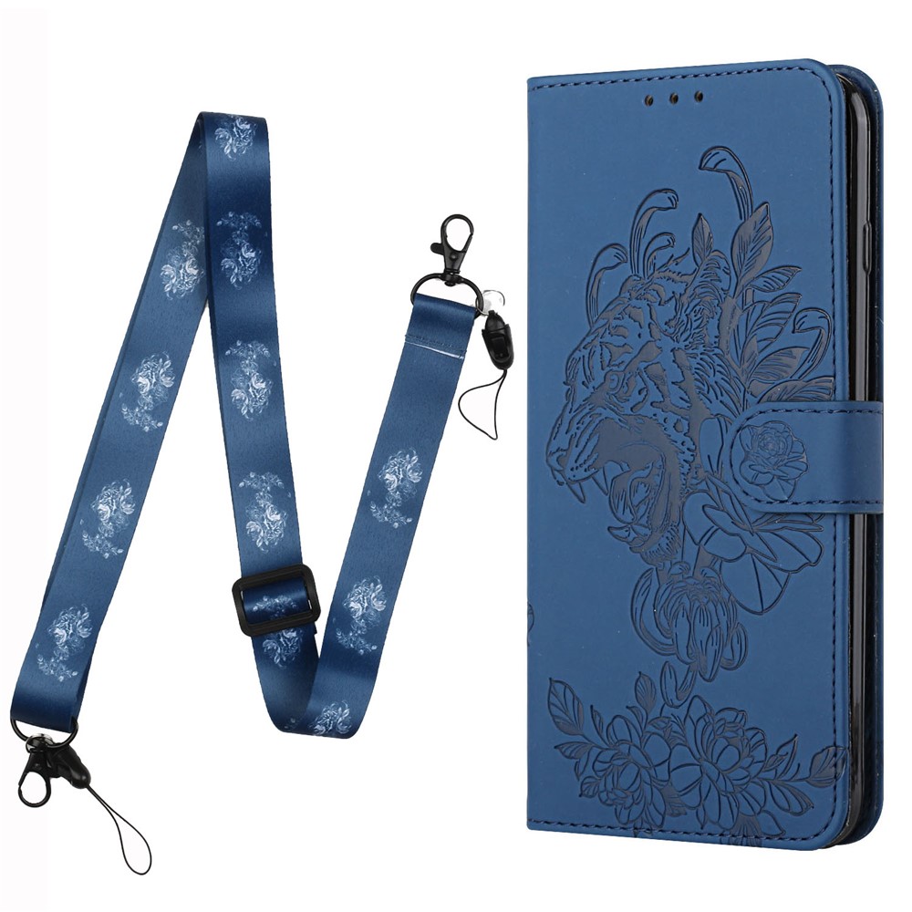 Tiger Pattern Imprinted PU Leather Wallet Flip Folio Stand Magnetic Protective Phone Case with Lanyard for Samsung Galaxy S22 - Blue-2