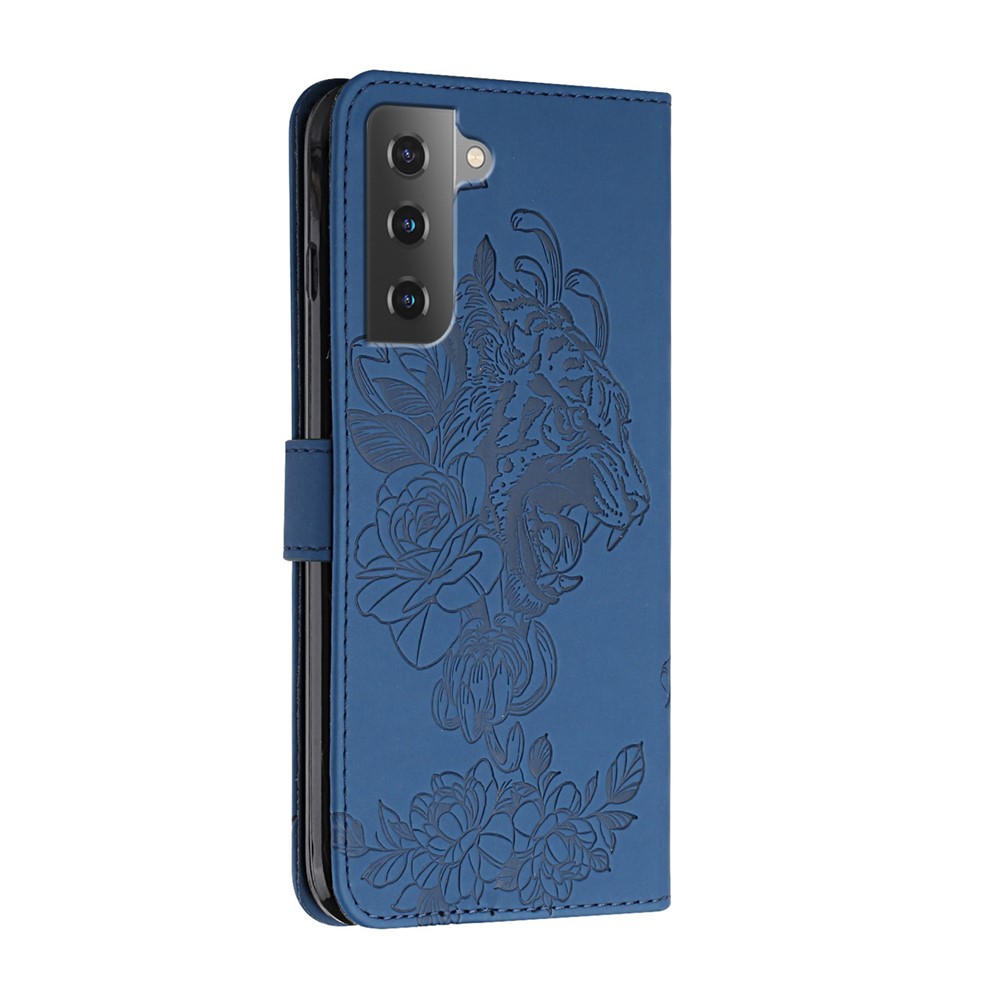 Tiger Pattern Imprinted PU Leather Wallet Flip Folio Stand Magnetic Protective Phone Case with Lanyard for Samsung Galaxy S22 - Blue-3