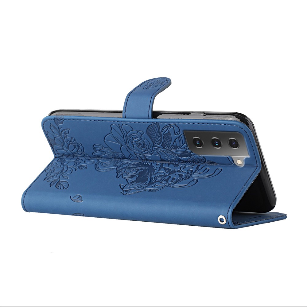 Tiger Pattern Imprinted PU Leather Wallet Flip Folio Stand Magnetic Protective Phone Case with Lanyard for Samsung Galaxy S22 - Blue-4