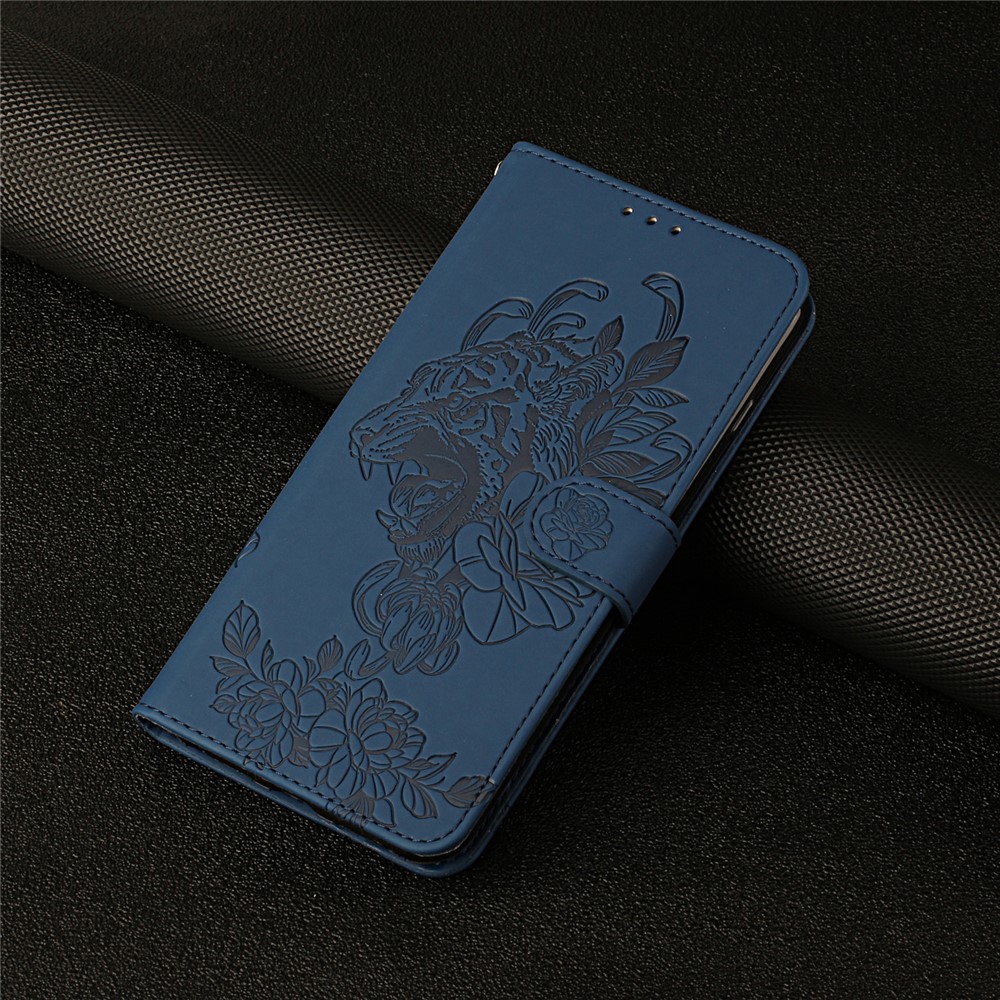 Tiger Pattern Imprinted PU Leather Wallet Flip Folio Stand Magnetic Protective Phone Case with Lanyard for Samsung Galaxy S22 - Blue-6