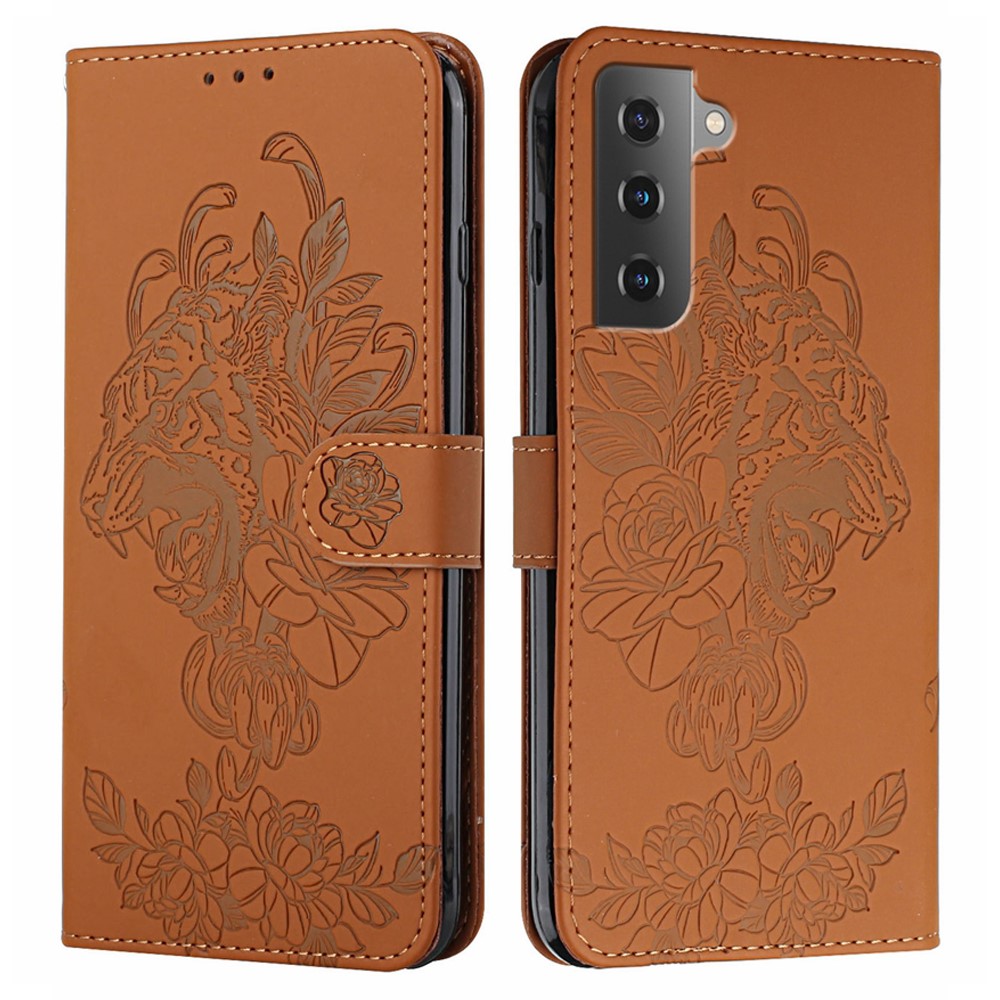 Tiger Pattern Imprinted PU Leather Wallet Flip Folio Stand Magnetic Protective Phone Case with Lanyard for Samsung Galaxy S22 - Brown-1