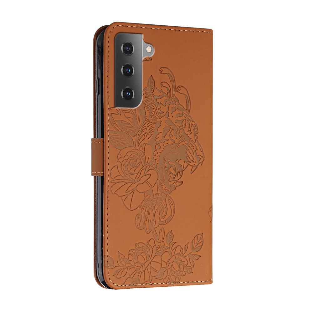 Tiger Pattern Imprinted PU Leather Wallet Flip Folio Stand Magnetic Protective Phone Case with Lanyard for Samsung Galaxy S22 - Brown-3
