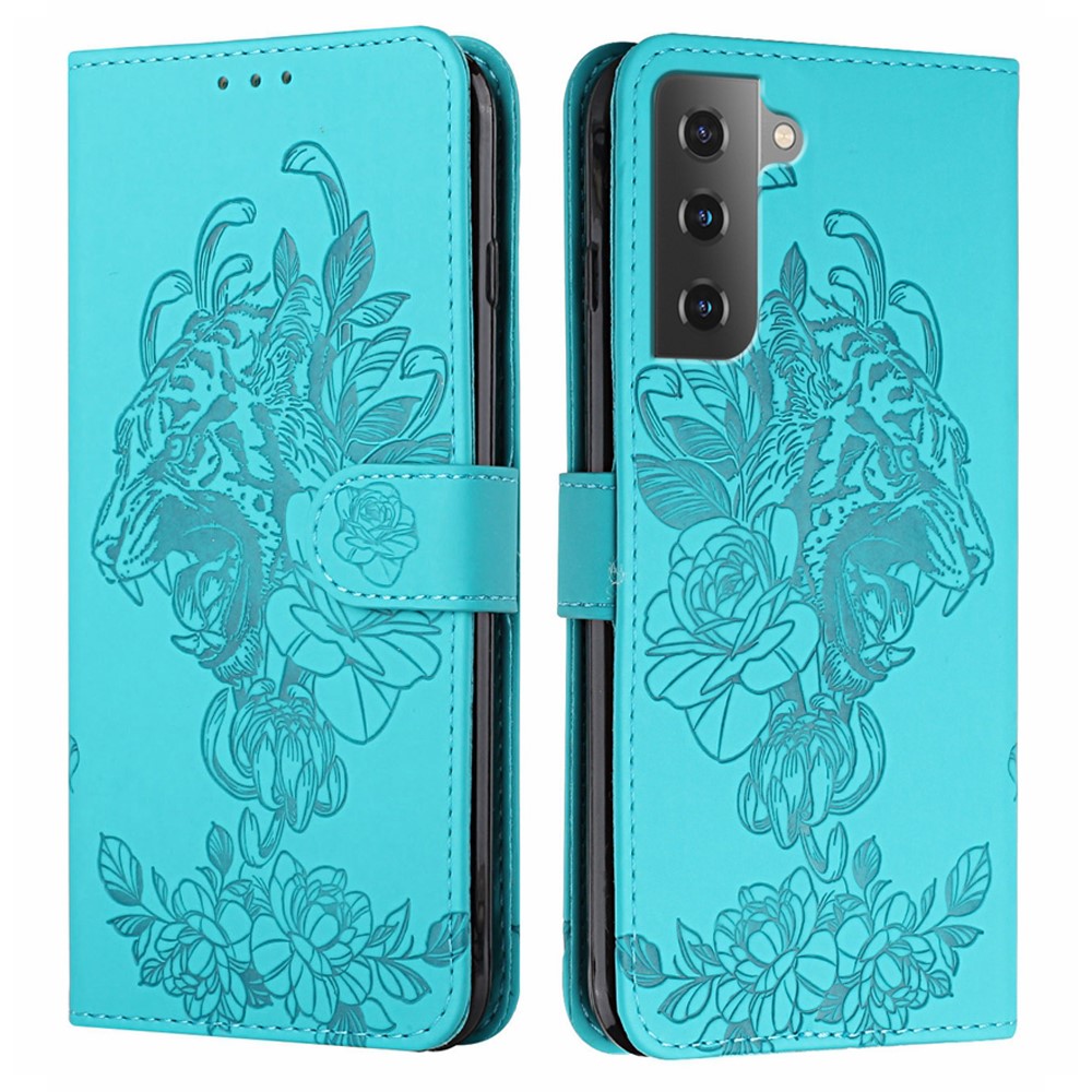 Tiger Pattern Imprinted PU Leather Wallet Flip Folio Stand Magnetic Protective Phone Case with Lanyard for Samsung Galaxy S22 - Green-1