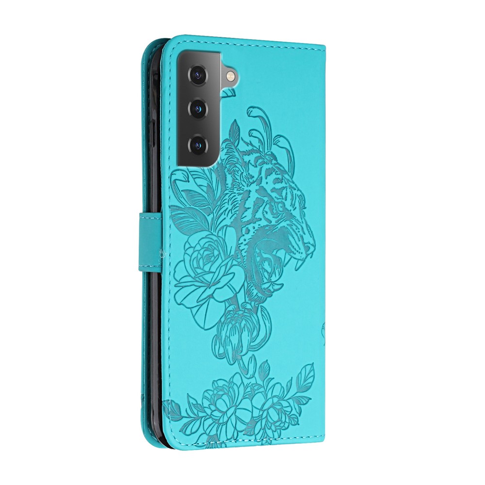 Tiger Pattern Imprinted PU Leather Wallet Flip Folio Stand Magnetic Protective Phone Case with Lanyard for Samsung Galaxy S22 - Green-3