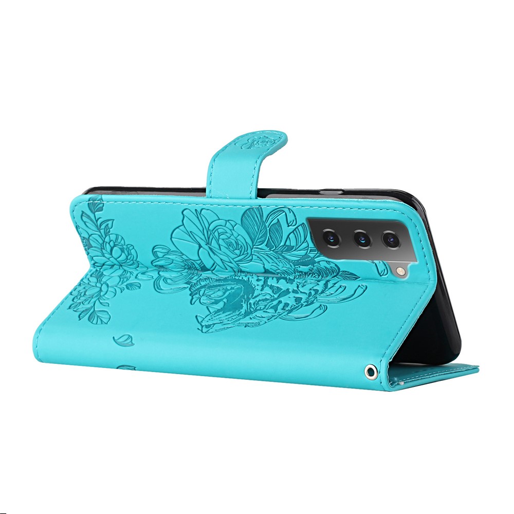 Tiger Pattern Imprinted PU Leather Wallet Flip Folio Stand Magnetic Protective Phone Case with Lanyard for Samsung Galaxy S22 - Green-4