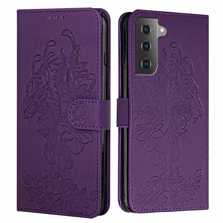 Tiger Pattern Imprinted PU Leather Wallet Flip Folio Stand Magnetic Protective Phone Case with Lanyard for Samsung Galaxy S22 - Purple-1
