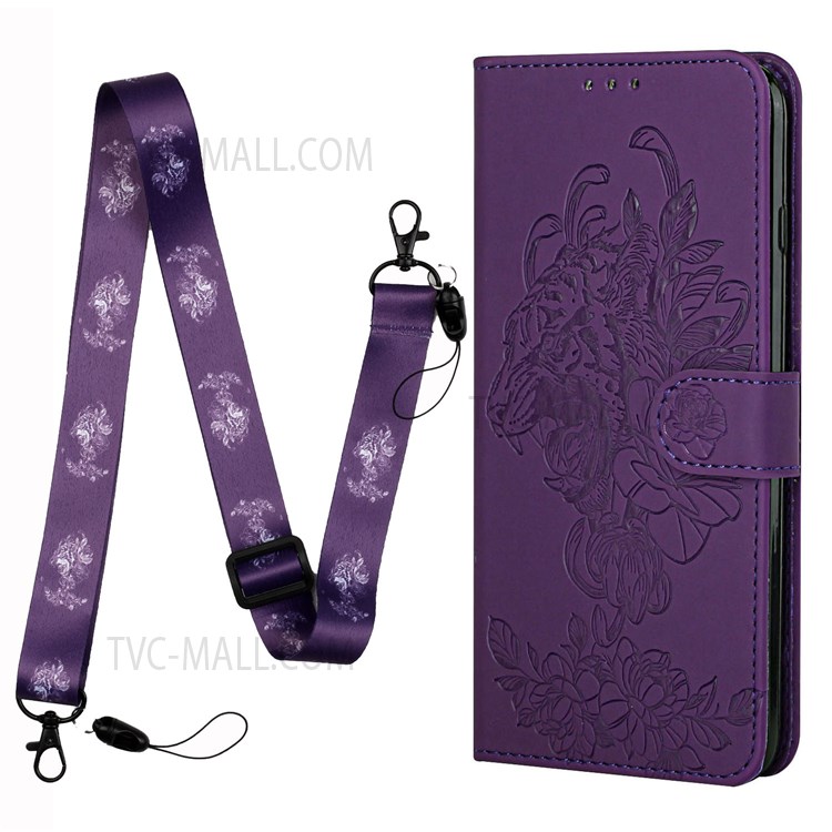 Tiger Pattern Imprinted PU Leather Wallet Flip Folio Stand Magnetic Protective Phone Case with Lanyard for Samsung Galaxy S22 - Purple-2