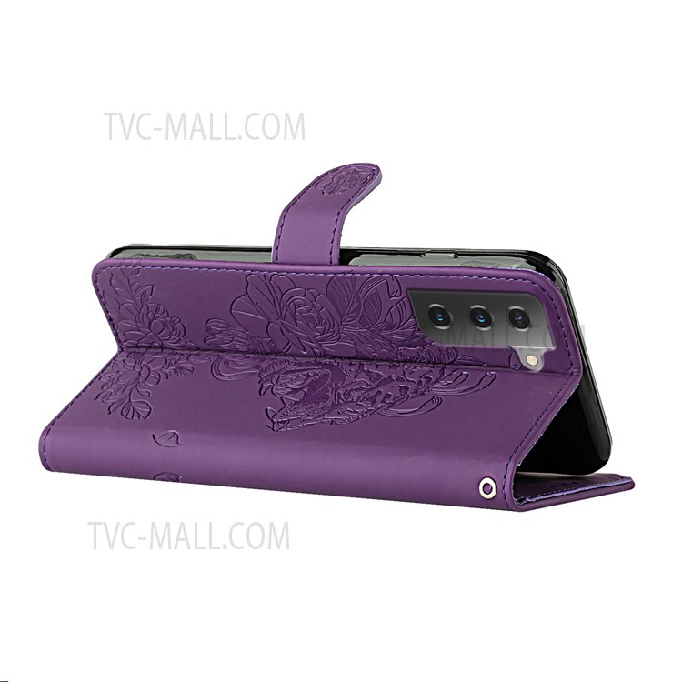 Tiger Pattern Imprinted PU Leather Wallet Flip Folio Stand Magnetic Protective Phone Case with Lanyard for Samsung Galaxy S22 - Purple-4
