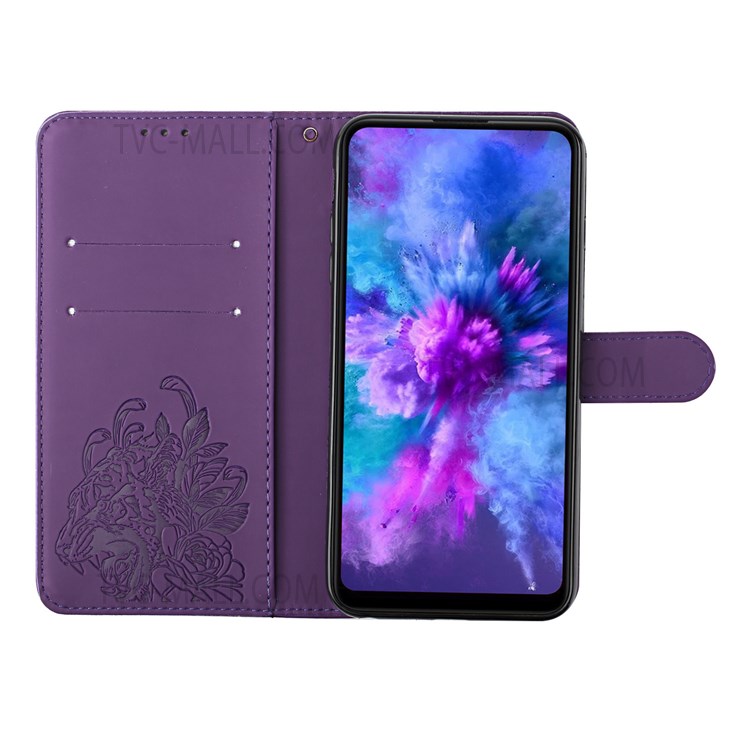 Tiger Pattern Imprinted PU Leather Wallet Flip Folio Stand Magnetic Protective Phone Case with Lanyard for Samsung Galaxy S22 - Purple-5