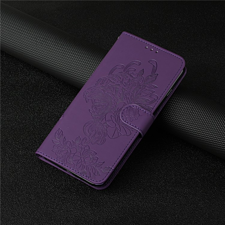 Tiger Pattern Imprinted PU Leather Wallet Flip Folio Stand Magnetic Protective Phone Case with Lanyard for Samsung Galaxy S22 - Purple-6