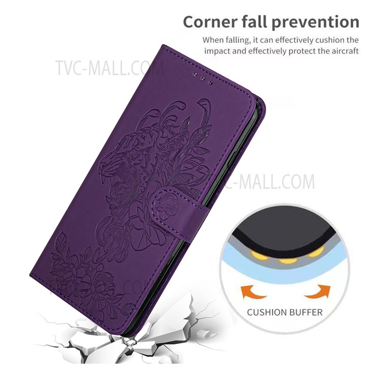 Tiger Pattern Imprinted PU Leather Wallet Flip Folio Stand Magnetic Protective Phone Case with Lanyard for Samsung Galaxy S22 - Purple-7
