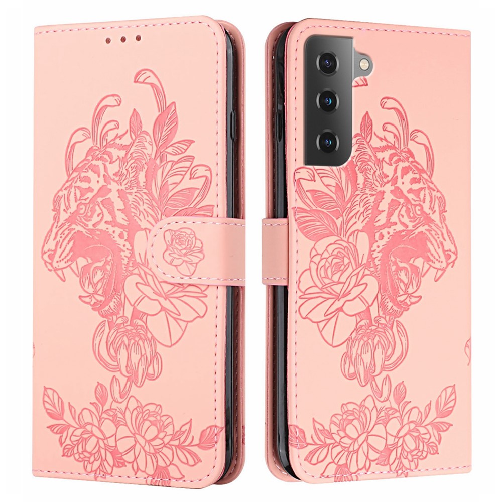Tiger Pattern Imprinted PU Leather Wallet Flip Folio Stand Magnetic Protective Phone Case with Lanyard for Samsung Galaxy S22 - Pink-1