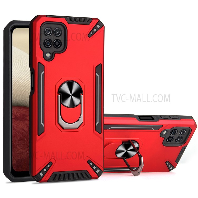 Ring Kickstand Design PC Back Panel + TPU Frame Hybrid Phone Case Cover with Built-in Metal Sheet for Samsung Galaxy A12 - Red-1
