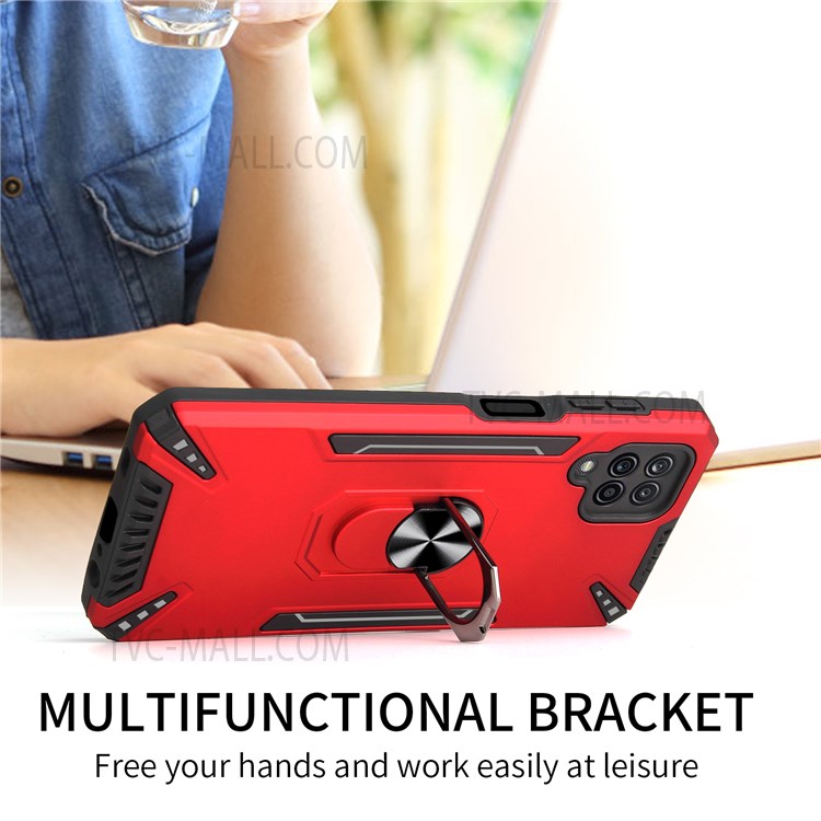 Ring Kickstand Design PC Back Panel + TPU Frame Hybrid Phone Case Cover with Built-in Metal Sheet for Samsung Galaxy A12 - Red-3