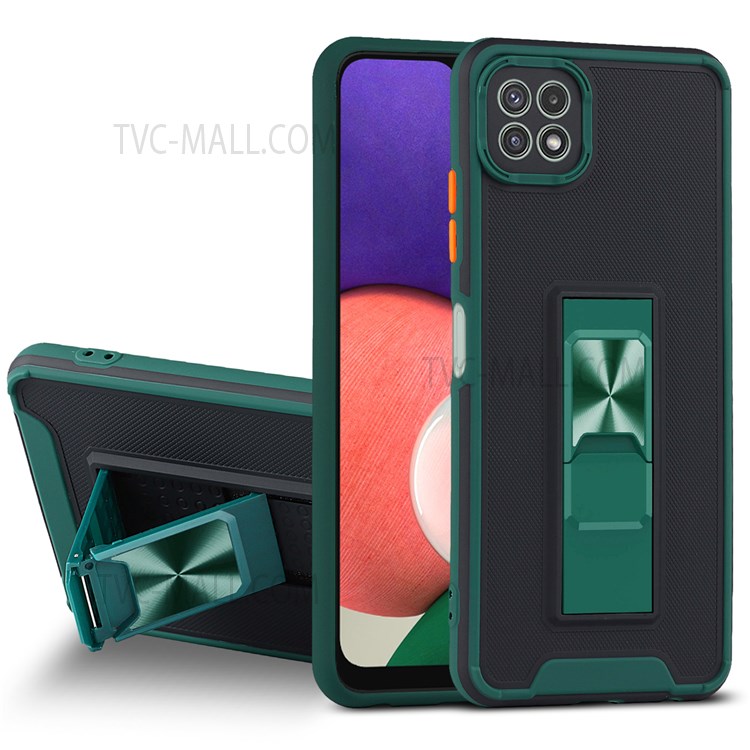 Bi-color Skin-touch Feel Scratch-proof Phone Cover Shell with Kickstand for Samsung Galaxy A22 5G (EU Version) - Blackish Green-1