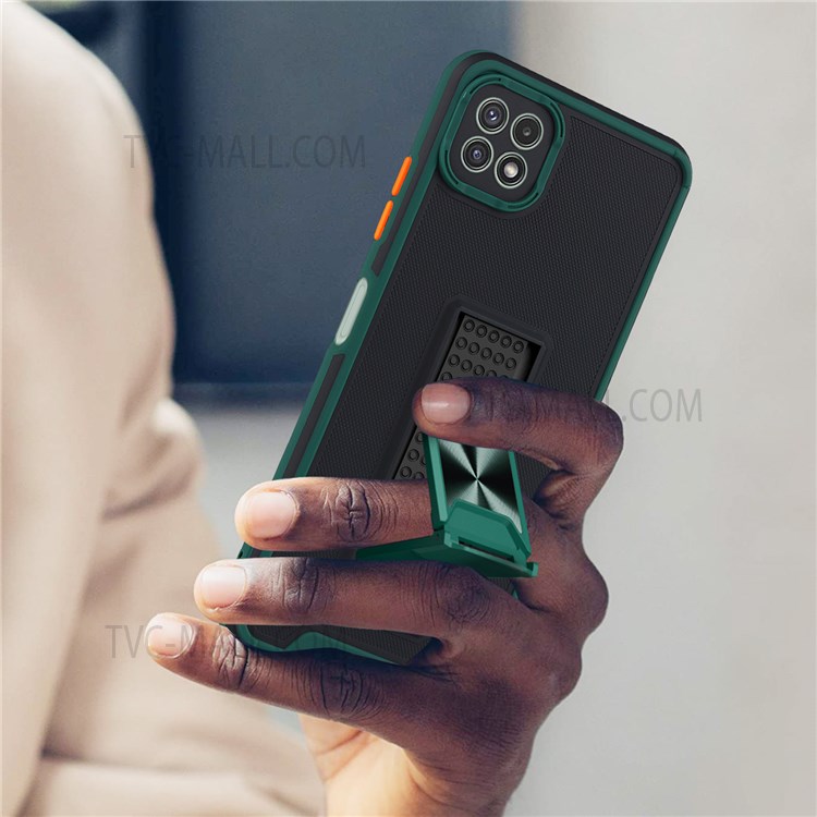 Bi-color Skin-touch Feel Scratch-proof Phone Cover Shell with Kickstand for Samsung Galaxy A22 5G (EU Version) - Blackish Green-2