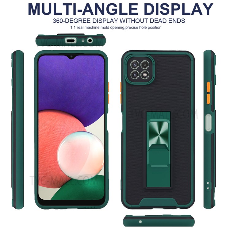 Bi-color Skin-touch Feel Scratch-proof Phone Cover Shell with Kickstand for Samsung Galaxy A22 5G (EU Version) - Blackish Green-4