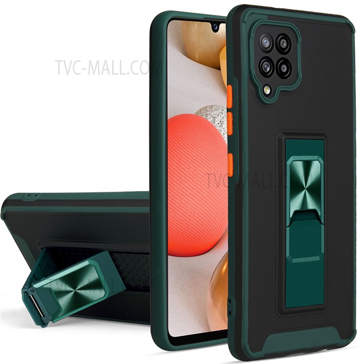 Drop-resistant Bi-color Skin Feel Phone Cover Shell with Kickstand for Samsung Galaxy A42 5G - Blackish Green-1