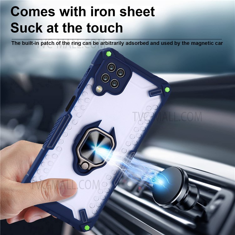 Dual-Layer Soft Flexible TPU + Hard PC Anti-Slip Protective Phone Case with Ring Holder Kickstand for Samsung Galaxy A12 / F12 / M12 - Sapphire-2