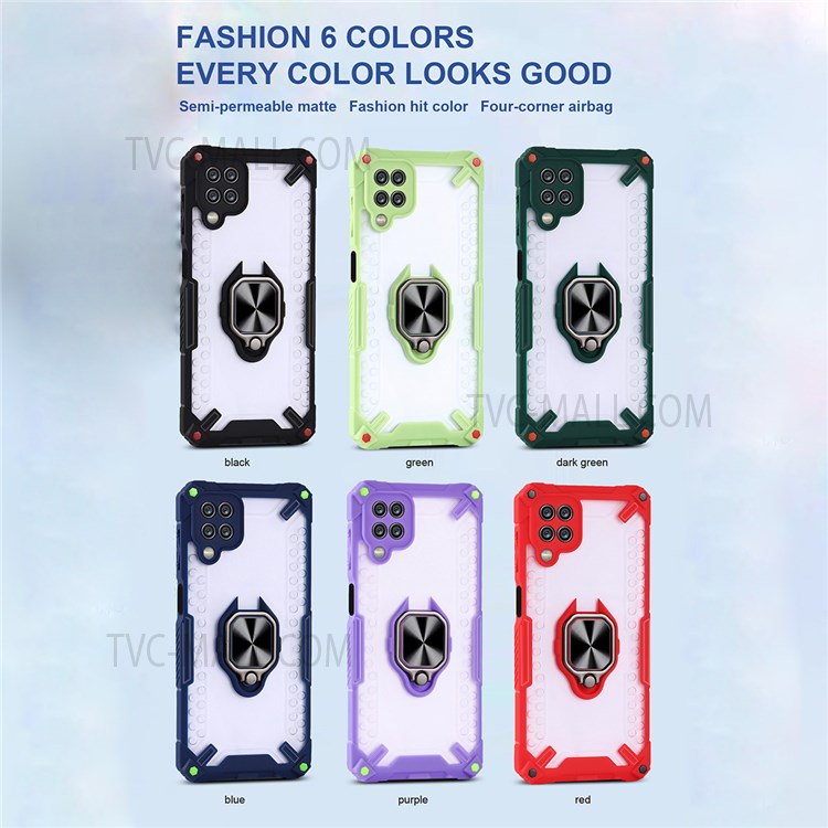 Dual-Layer Soft Flexible TPU + Hard PC Anti-Slip Protective Phone Case with Ring Holder Kickstand for Samsung Galaxy A12 / F12 / M12 - Sapphire-5