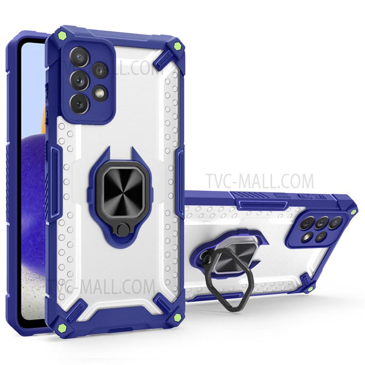 Shockproof Military Hard PC + TPU Bumper Hybrid Protective Cover with Ring Holder Kickstand for Samsung Galaxy A32 5G - Sapphire-1