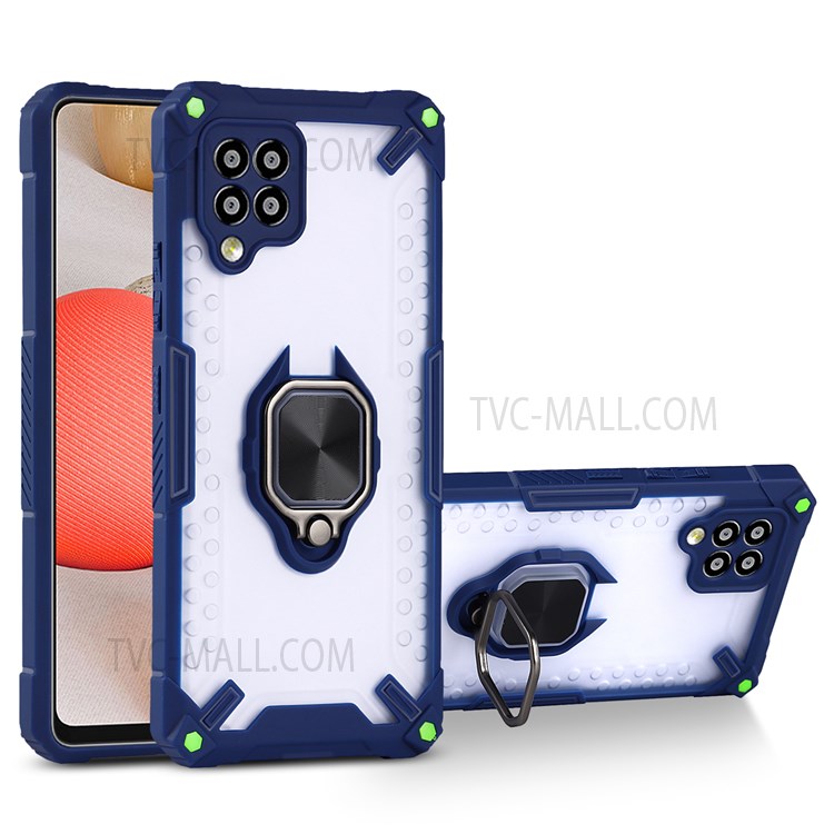 Anti-Scratch Hard PC Back + Soft TPU Bumper Edge Phone Case with Ring Holder Kickstand for Samsung Galaxy A42 5G - Sapphire-1
