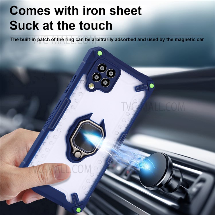 Anti-Scratch Hard PC Back + Soft TPU Bumper Edge Phone Case with Ring Holder Kickstand for Samsung Galaxy A42 5G - Sapphire-2
