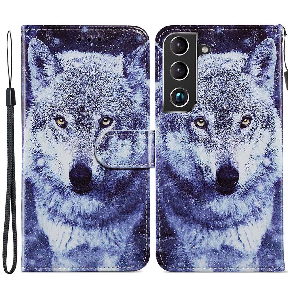 Pattern Printing PU Leather Wallet Book Folio Protective Stand Cover with Wrist Strap for Samsung Galaxy S22 Plus - Wolf-1