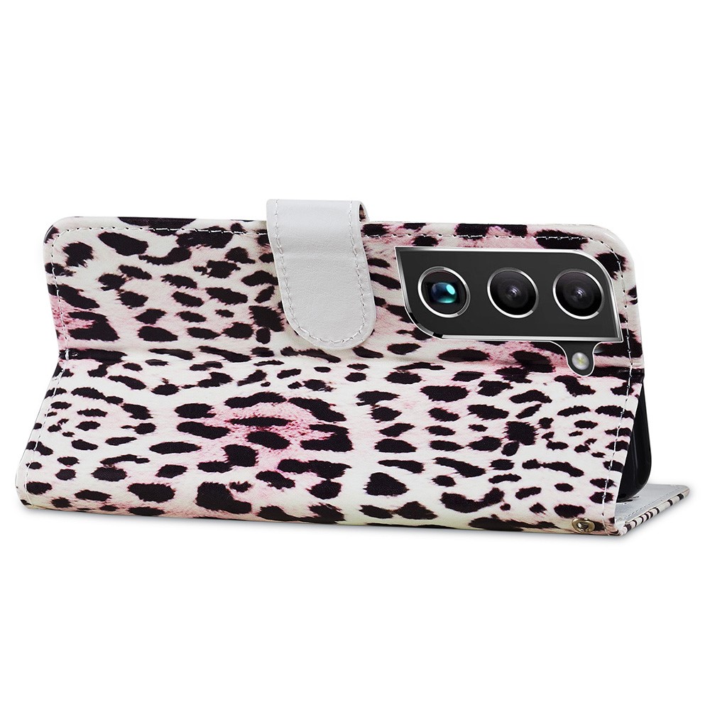 Pattern Printing PU Leather Wallet Book Folio Protective Stand Cover with Wrist Strap for Samsung Galaxy S22 Plus - Leopard-5