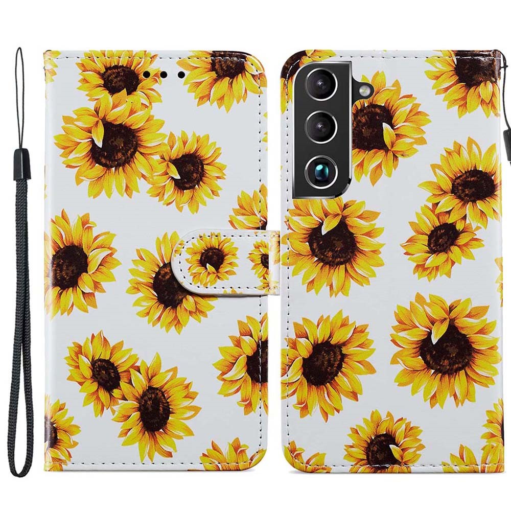 Pattern Printing PU Leather Wallet Book Folio Protective Stand Cover with Wrist Strap for Samsung Galaxy S22 Plus - Sunflower-1