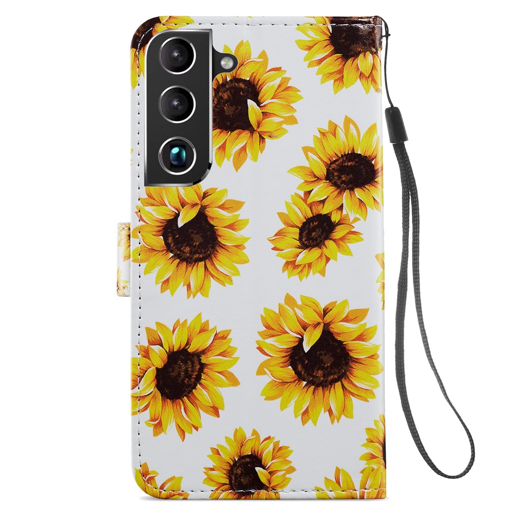 Pattern Printing PU Leather Wallet Book Folio Protective Stand Cover with Wrist Strap for Samsung Galaxy S22 Plus - Sunflower-4