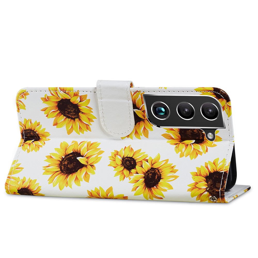 Pattern Printing PU Leather Wallet Book Folio Protective Stand Cover with Wrist Strap for Samsung Galaxy S22 Plus - Sunflower-5