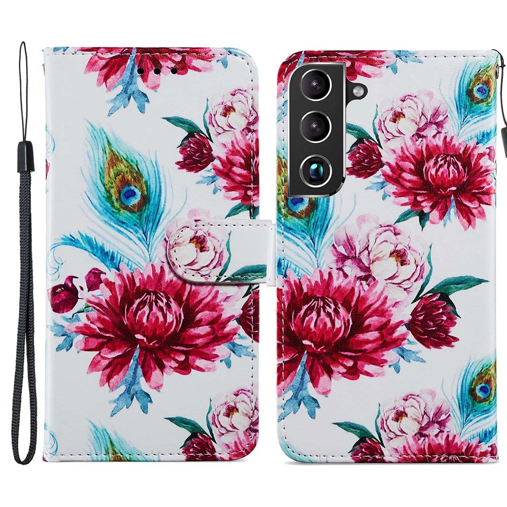 Pattern Printing PU Leather Wallet Book Folio Protective Stand Cover with Wrist Strap for Samsung Galaxy S22 Plus - Peacock Flowers-1
