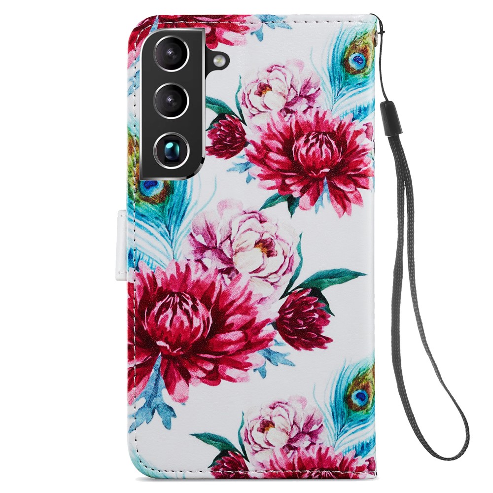 Pattern Printing PU Leather Wallet Book Folio Protective Stand Cover with Wrist Strap for Samsung Galaxy S22 Plus - Peacock Flowers-4