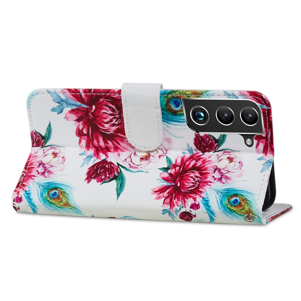Pattern Printing PU Leather Wallet Book Folio Protective Stand Cover with Wrist Strap for Samsung Galaxy S22 Plus - Peacock Flowers-5