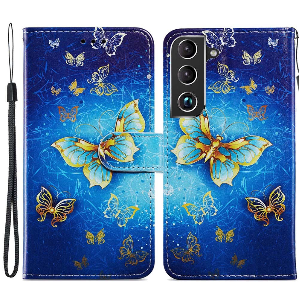 Pattern Printing PU Leather Wallet Book Folio Protective Stand Cover with Wrist Strap for Samsung Galaxy S22 Plus - Golden Butterfly-1