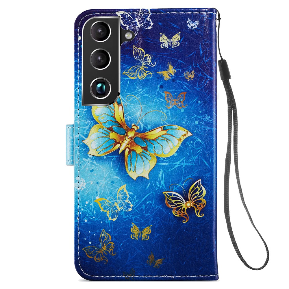 Pattern Printing PU Leather Wallet Book Folio Protective Stand Cover with Wrist Strap for Samsung Galaxy S22 Plus - Golden Butterfly-4