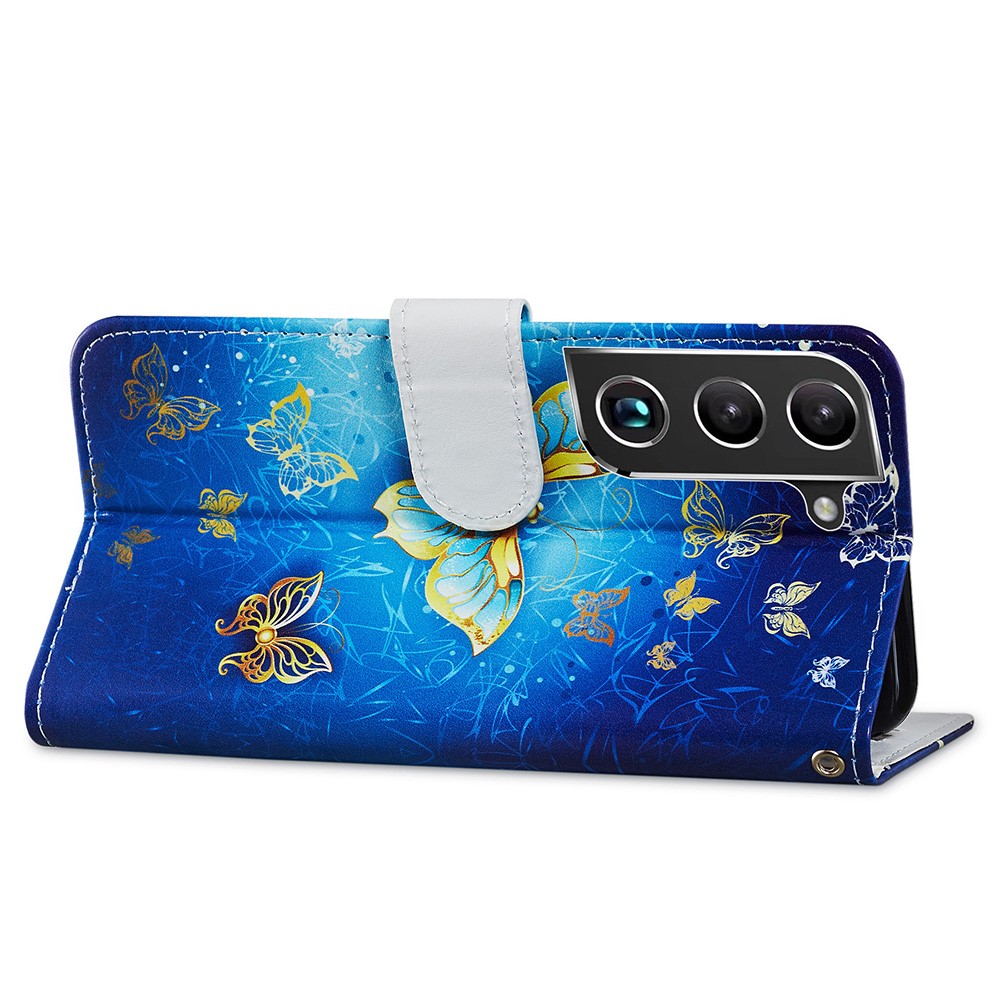 Pattern Printing PU Leather Wallet Book Folio Protective Stand Cover with Wrist Strap for Samsung Galaxy S22 Plus - Golden Butterfly-5