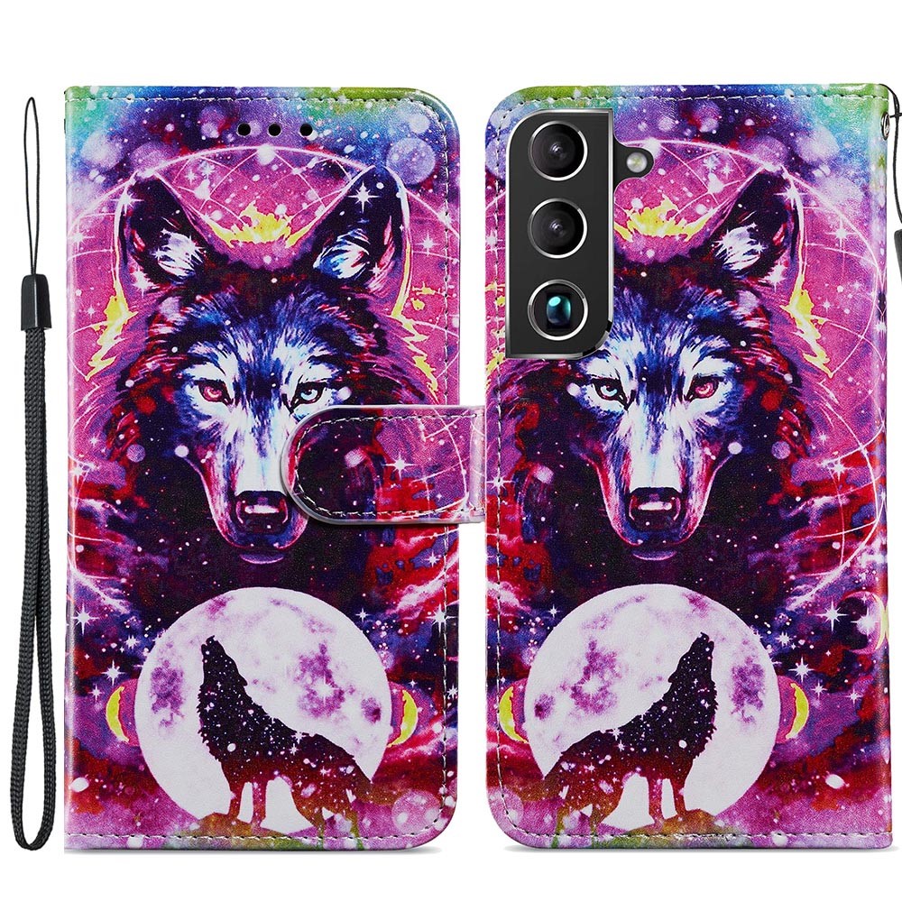 Pattern Printing PU Leather Wallet Book Folio Protective Stand Cover with Wrist Strap for Samsung Galaxy S22 Plus - Wolf Totem-1