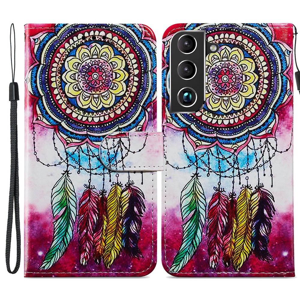 Pattern Printing PU Leather Wallet Book Folio Protective Stand Cover with Wrist Strap for Samsung Galaxy S22 Plus - Dream Catcher-1