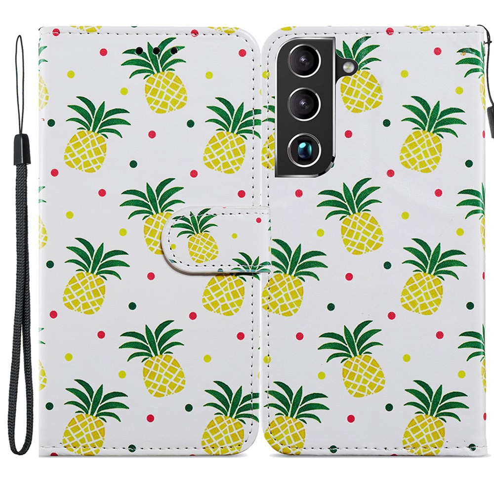 Pattern Printing PU Leather Wallet Book Folio Protective Stand Cover with Wrist Strap for Samsung Galaxy S22 Plus - Pineapple-1