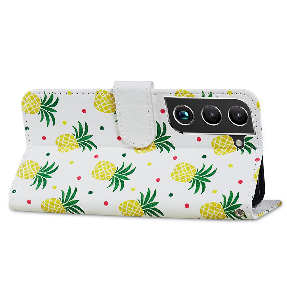 Pattern Printing PU Leather Wallet Book Folio Protective Stand Cover with Wrist Strap for Samsung Galaxy S22 Plus - Pineapple-5