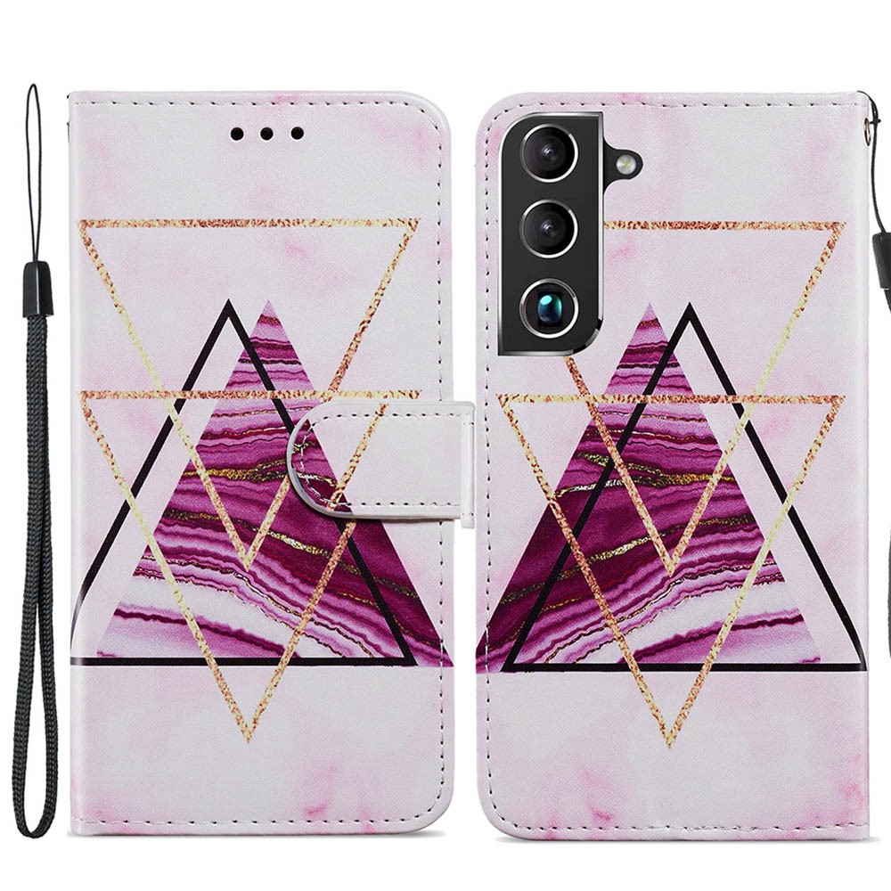 Pattern Printing PU Leather Wallet Book Folio Protective Stand Cover with Wrist Strap for Samsung Galaxy S22 Plus - Tri-color Marble-1
