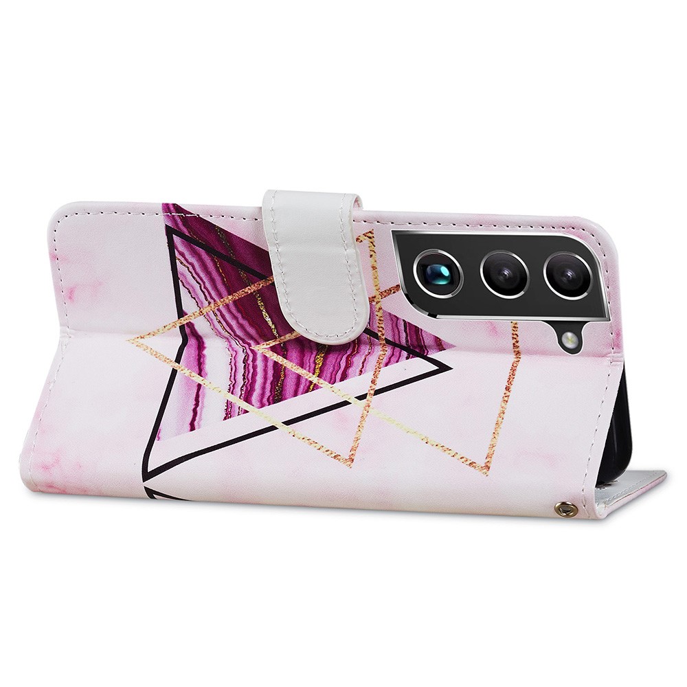 Pattern Printing PU Leather Wallet Book Folio Protective Stand Cover with Wrist Strap for Samsung Galaxy S22 Plus - Tri-color Marble-5