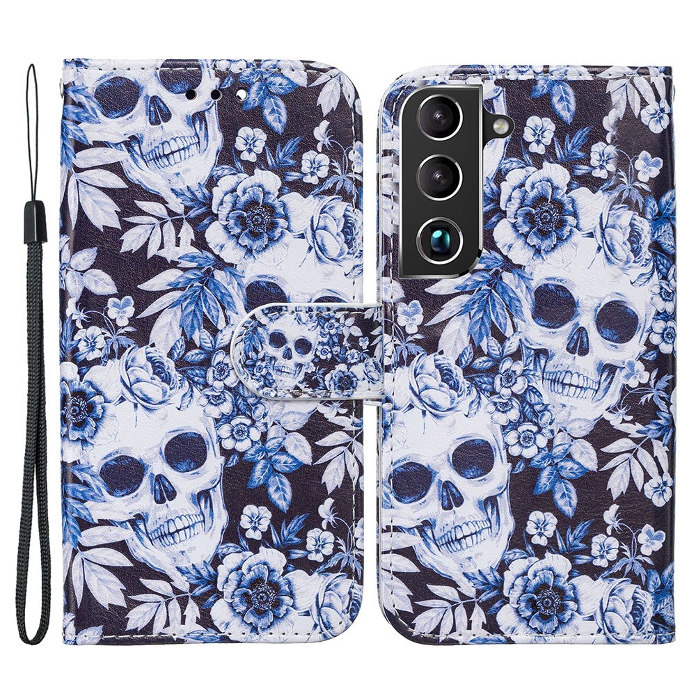 Pattern Printing PU Leather Wallet Book Folio Protective Stand Cover with Wrist Strap for Samsung Galaxy S22 Plus - Skull-1