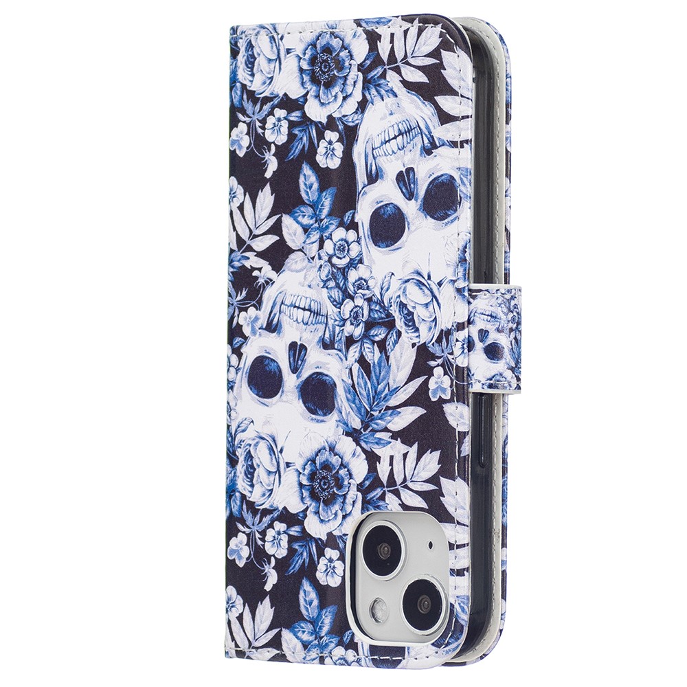 Pattern Printing PU Leather Wallet Book Folio Protective Stand Cover with Wrist Strap for Samsung Galaxy S22 Plus - Skull-3