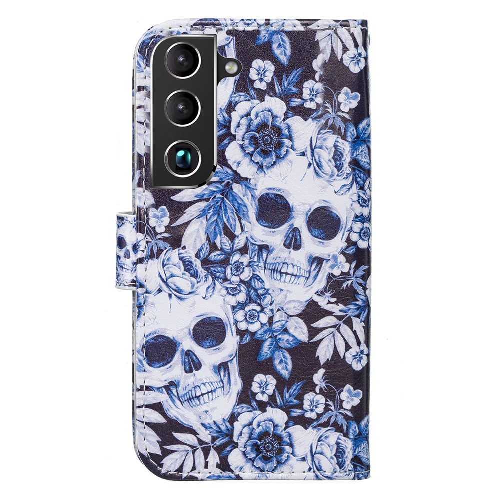 Pattern Printing PU Leather Wallet Book Folio Protective Stand Cover with Wrist Strap for Samsung Galaxy S22 Plus - Skull-4